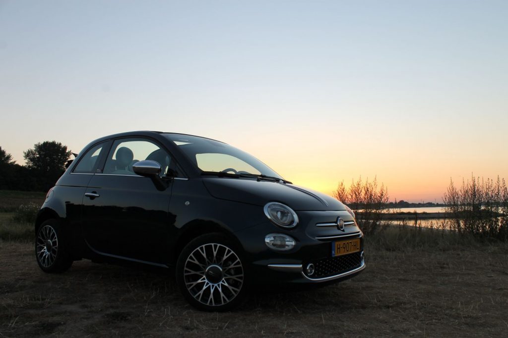 Fiat 500C hybrid by sunset