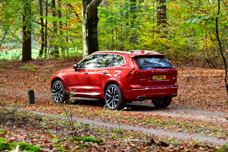 Volvo XC60 in het bos. Schuin van achter