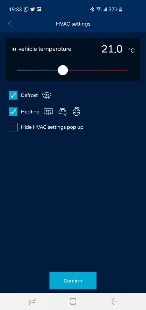 printscreen Hyundai Bluelink app auto temperatuur instellen