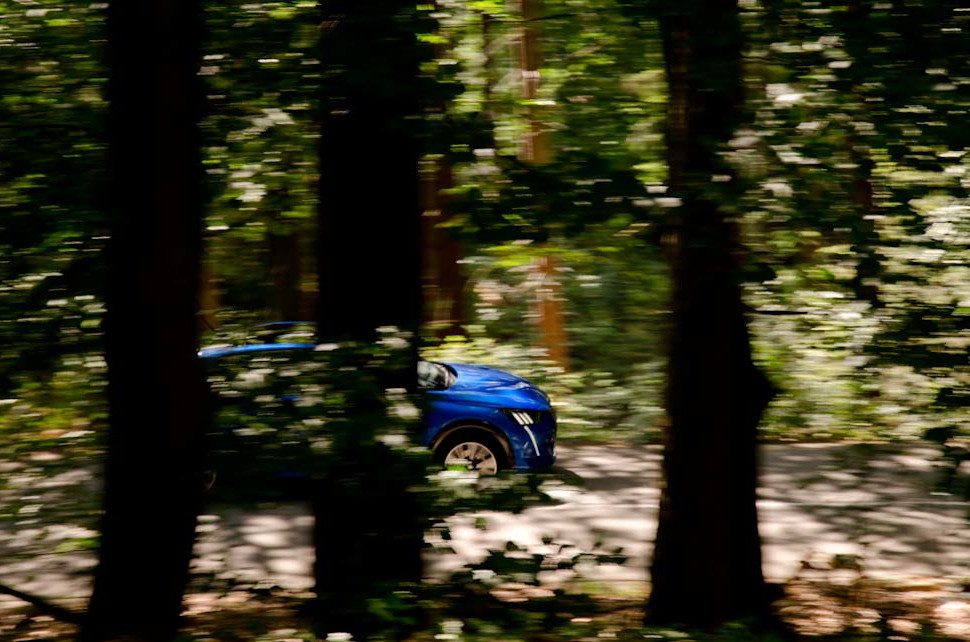 Peugeot 208 panning shot in het bos