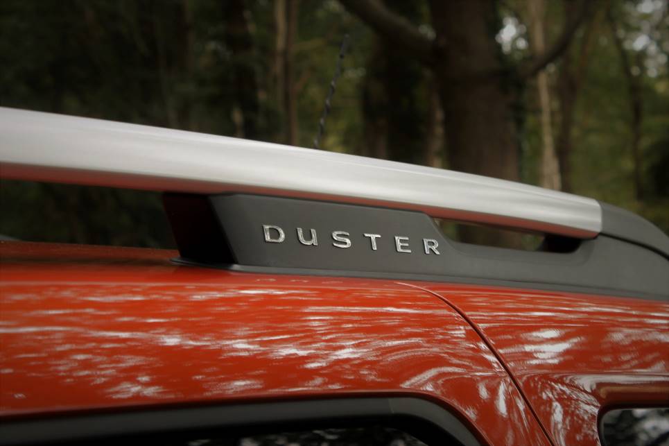Duster logo, dakrails, wazige achtergrond, boom